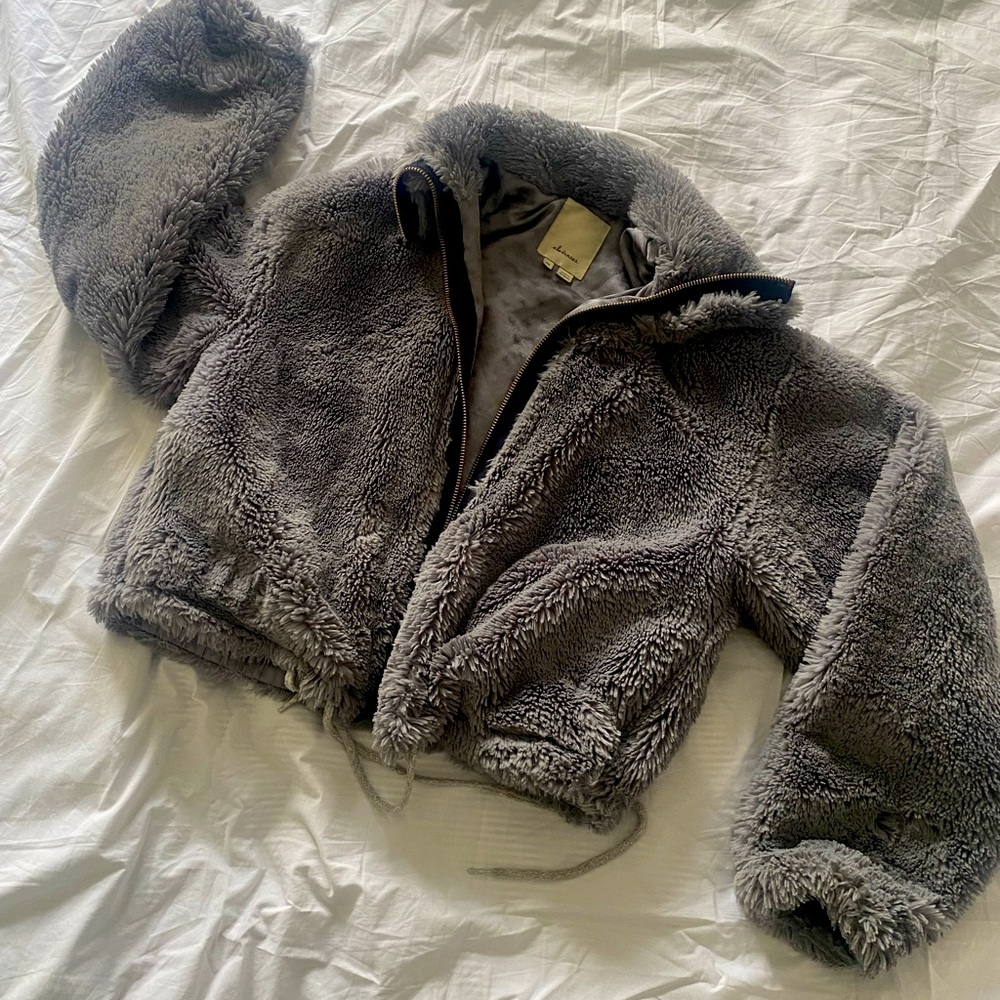 Anthropologie purple fluffy jacket
